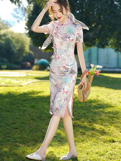 Pink Floral Print Mid Qipao Cheongsam Dress Cozyladywear