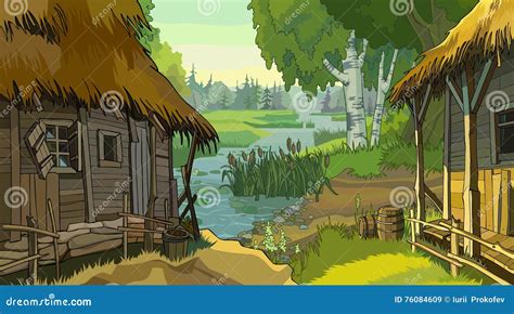 Cartoon Landscape Rustic Hut By The River Stock Vector Illustration