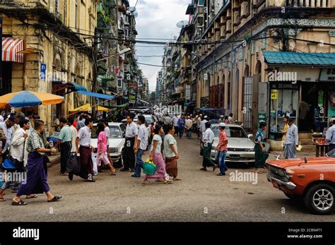 The Busy Bustling Crowded Streets Of Central Yangon In Myanmar
