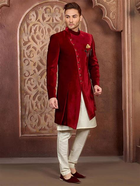 Mens Wedding Sherwani Red Velvet Sherwani Indian Suit For Etsy Uk
