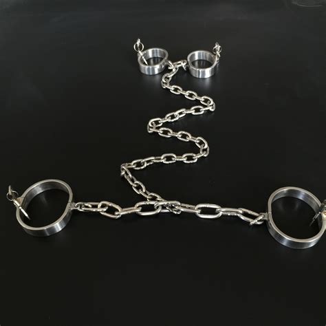 Bdsm Bondage Torture Stainless Steel Metal Handcuffs Ankle Cuffs With Chain Set Adult Shackle