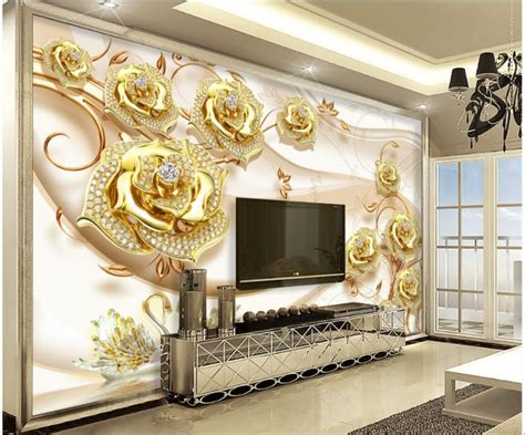 Gold Flowers And Diamond Stones 3d 5d 8d Wall Murals Custom