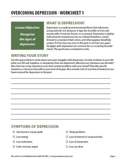 Overcoming Depression Worksheet 1 Cod Journey To Recovery