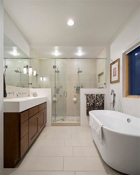 I've been researching bathroom ideas. Modern, White Master Bathroom with Large Glass and Tile ...