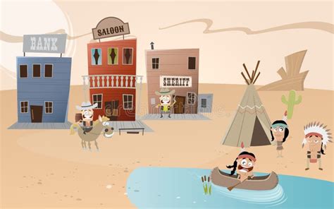 Cartoon Western Town And Indian Settlement Stock Vector Illustration