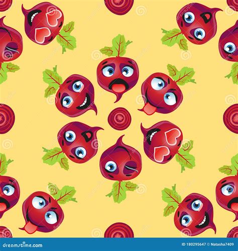 Cute Seamless Pattern With Cartoon Emoji Beetroot On Yellow Background