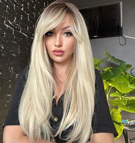 Lemeiz Platinum Blonde Wig With Fringe Wigs With Bangs Ombre Brown To