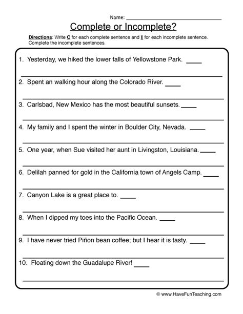 Rewriting Incomplete Sentences Worksheet By Teach Simple