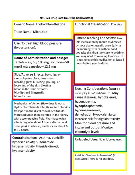 Hydrochlorothiazide Microzide Nsg Drug Card Must Be Handwritten