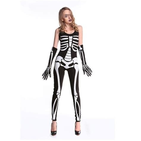 2017 New Sexy Women Skeleton Costumes Black And White Terror Skeleton Jumpsuit Printed Bone
