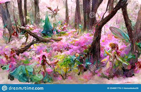 Abstract Fantasy Fairies With Ornate Wings Flying In Magical Forest