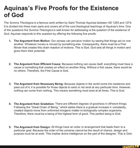 Aquinass Five Proofs For The Existence Of God The Summa Thealogica Is