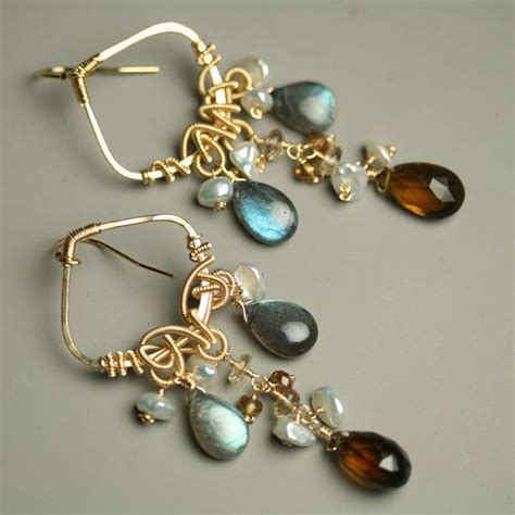 Wire Wrapped Chandelier Earrings Labradorite Whiskey Quartz And Keshi