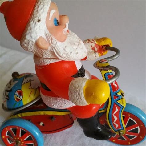 Vintage Santa Tin Toy Santa On Tricycle Wind Up Antique Tin Toy Made In