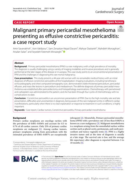 Pdf Malignant Primary Pericardial Mesothelioma Presenting As Effusive