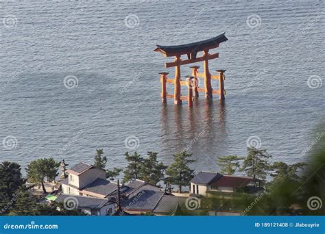 Aerial View On Famous Floating Torii Gate Itsukushima Shrine Miyajima