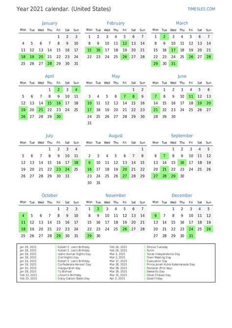 Calendar For 2021 With Holidays In United States Print And Download