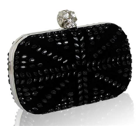 Wholesale Black Studded Clutch Bag With Crystal Encrusted Skull Clasp