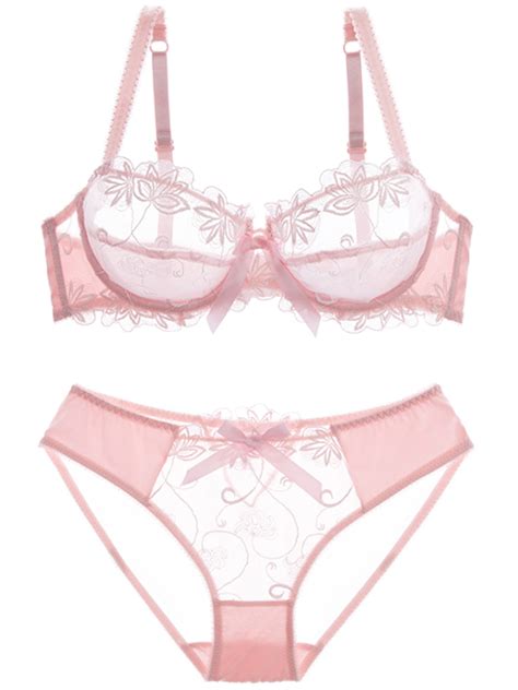 Off Bowknot See Through Bra Set In Pink Zaful