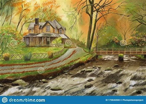 Beautiful Nature Scene With Cottage In The Forest Near A