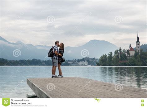 Young Couple Of Tourists In Love On The Lake Bled Slovenia Stock