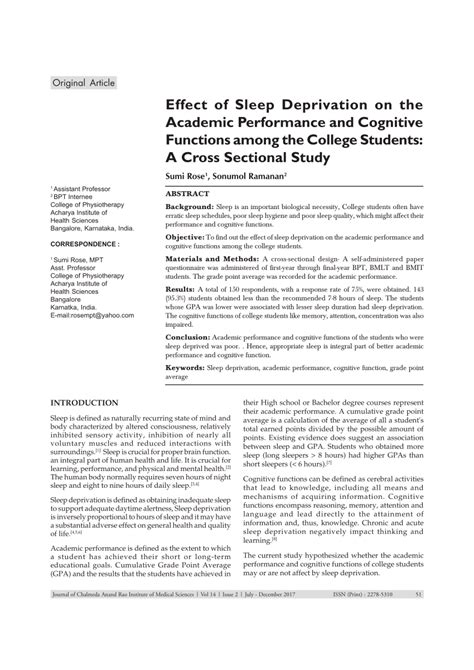 Pdf Effect Of Sleep Deprivation On The Academic Performance And