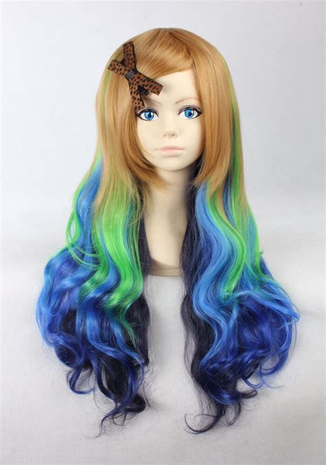 Quality Thick 70cm Medium Wavy Multi Color Blue Blonde Green Ombre Sexy