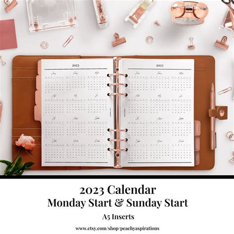 2023 Calendar 2023 Yearly Calendar Inserts A5 Printable Etsy Australia