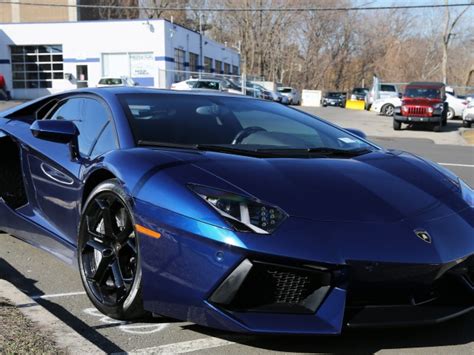 The Dark Blue Car Lamborghini Aventador Parked On The Street Wallpapers