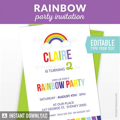 Rainbow Birthday Invitation Printable Invite My Party Design