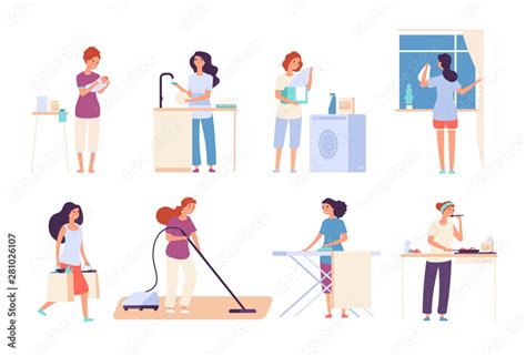Housewives Woman Housewife Doing Housework Happy Mother Cooks In