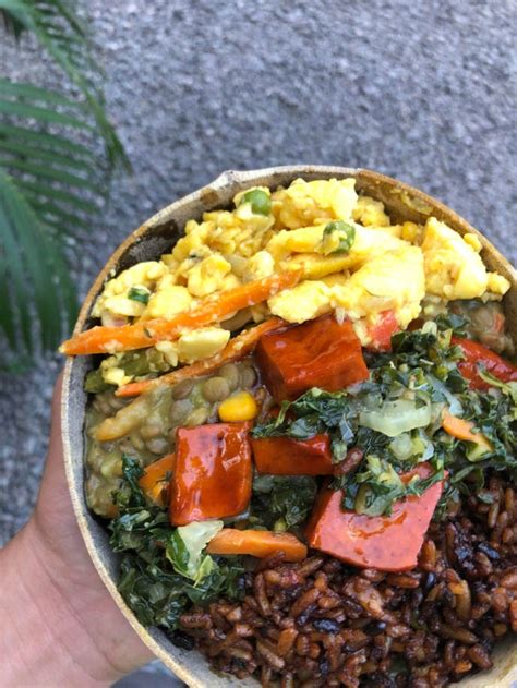 vegan ital food from a rastafarian restaurant here in jamaica it was served in a eco coconut