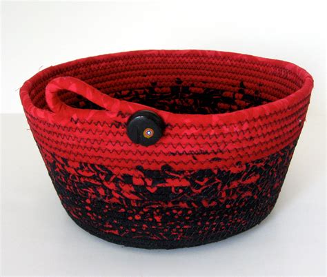 Dramatic Coiled Rope Basket In Black And Red Batik Rope Basket