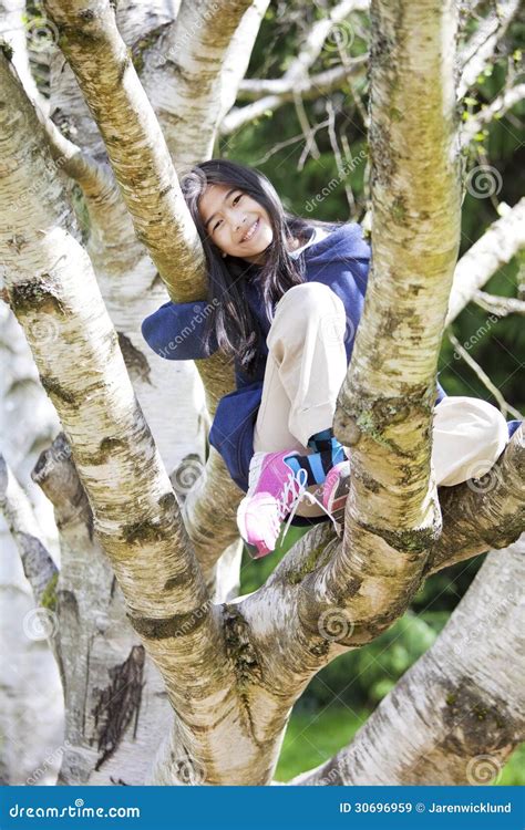 Young Girl Sitting In Birch Tree Smiling Stock Image Image Of Climb