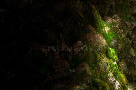 Closeup Of Flowing Waterfall And Green Mossy Rocks Outdoors In Nature