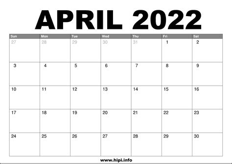 April 2022 Calendar Printable Free