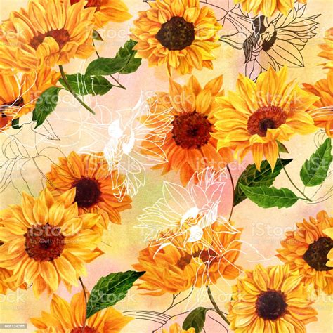 Seamless Pattern With Hand Drawn Watercolor Sunflowers Stock ...