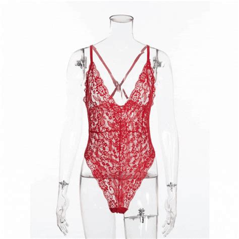 Red See Through Sheer Lace Plunge Lingerie Bodysuit Irhaz