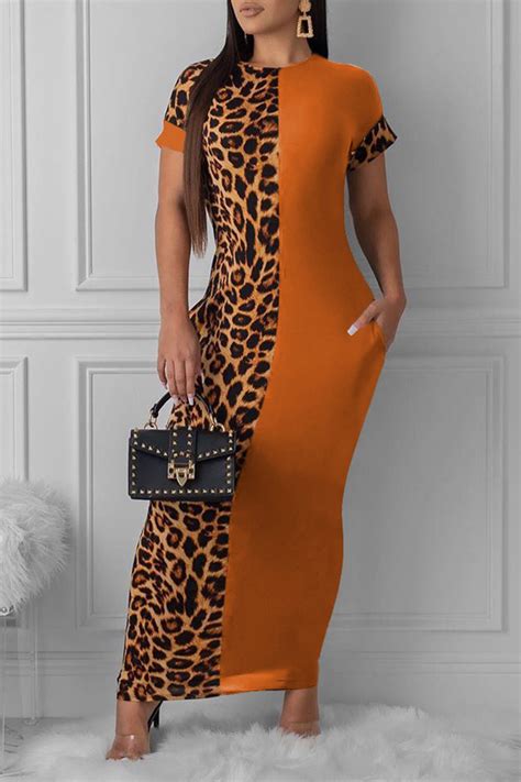 Fashion Leopard Print Tight Fitting Hip Orange Dress