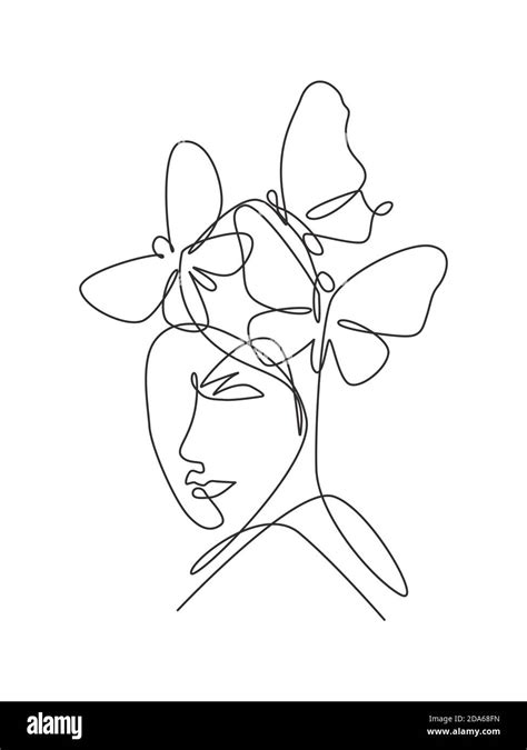 One Single Line Drawing Woman With Butterfly Line Art Vector