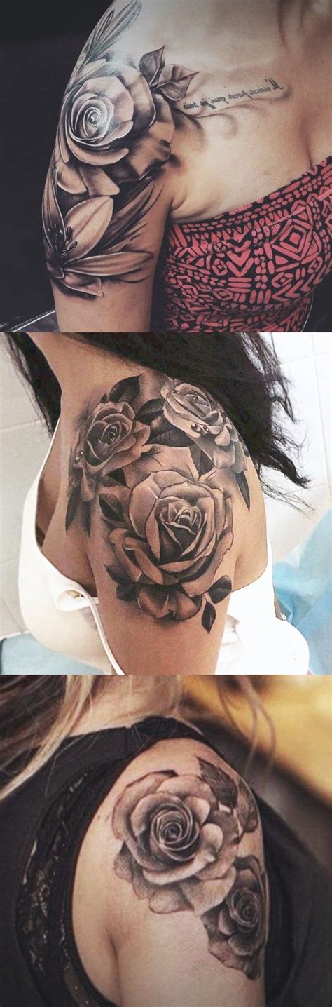 Womens Rose Shoulder Tattoo Ideas In Black And White