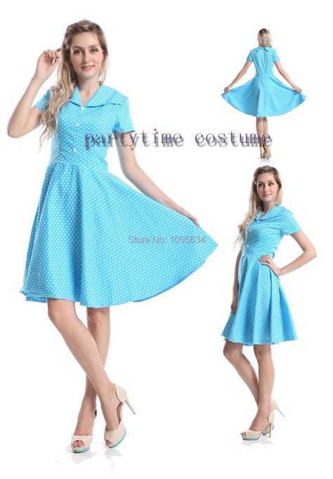 Free Shipping Blue Polka Dot Swing 50s Housewife Pinup Dress Vintage