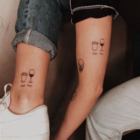 minimalist matching coffee cup and wine glass tattoo
