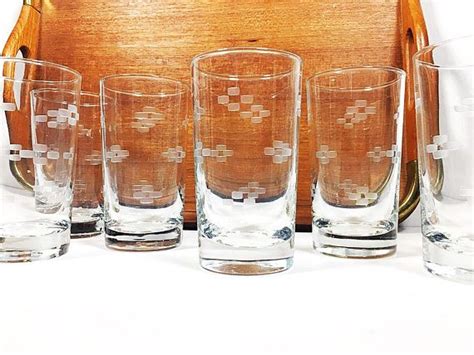 Vintage High Ball Clear Glass Tumblers With Small Square Pattern Set Of Six Mid Century Etched