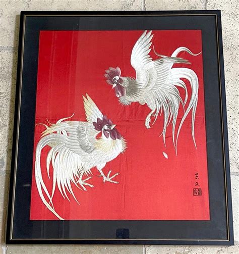 Framed Japanese Embroidery Textile Panel Rootsters For Sale At 1stdibs