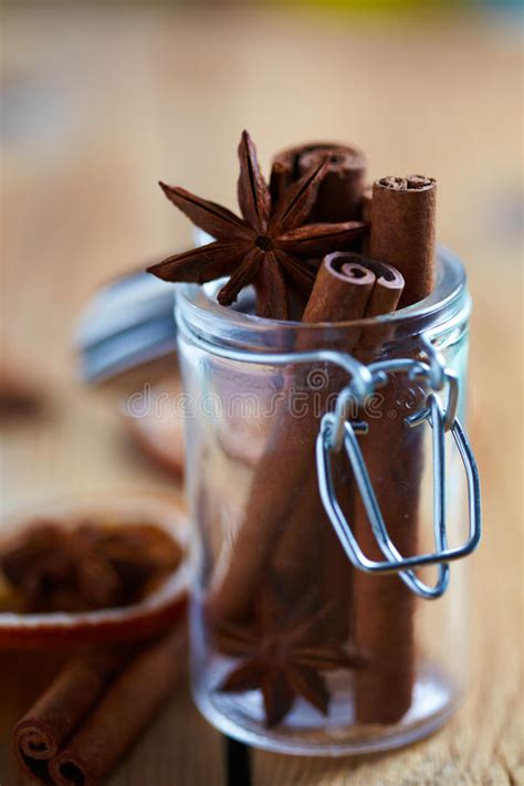 Cinnamon Sticks And Anise Stars In Glass Jar Stock Photo Image Of