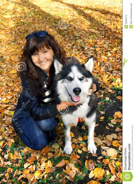 Young Woman And Dog Siberian Husky Stock Images Image