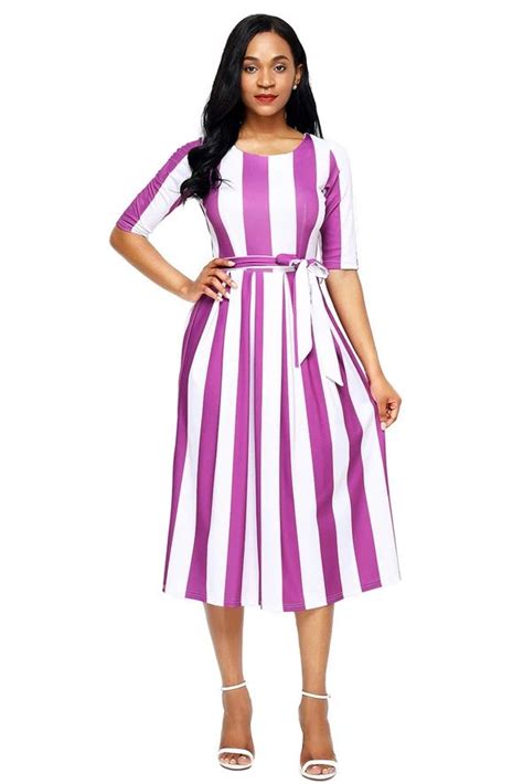 Purple Stripe Print Half Sleeve Belted Dress Half Sleeve Dresses