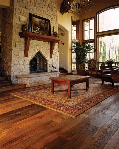 Mountain Home Great Room Reclaimed Oak Floor Traditional