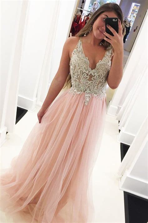 Princess V Neck Tulle A Line Pink Long Evening Prom Dress With